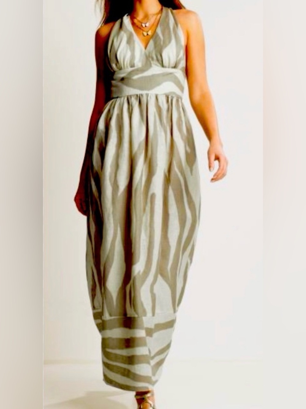 Banana Republic SZ 4 100% linen halter maxi dress cream and tan abstract pattern